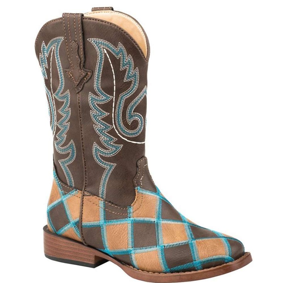 Boots * | Roper Footwear Kids Tan Brown Patchwork Turquoise Stitch Boot