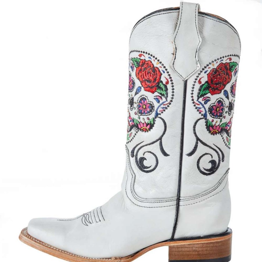 Boots * | Circle G Kids White Sugar Skull Square Toe Cowboy Boot