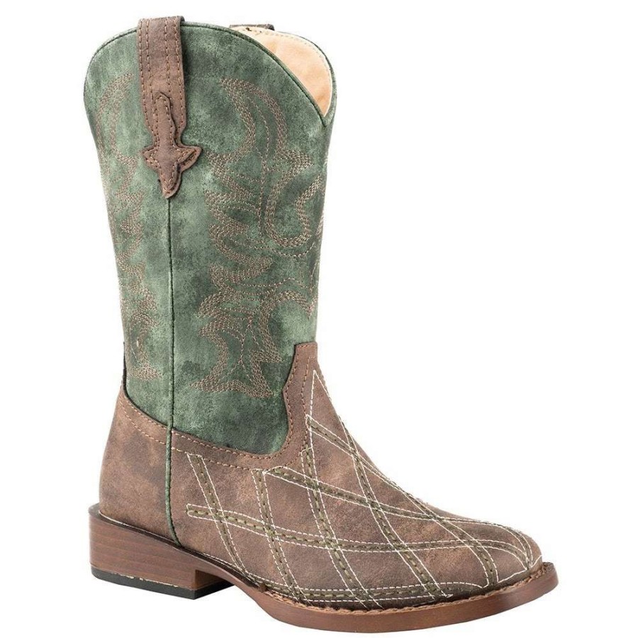 Boots * | Roper Footwear Kids Brown Vamp Checkered Stitching Green Shaft Boot