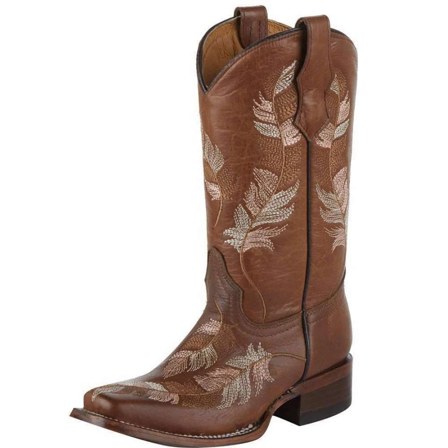 Boots * | Corral Kids Tan And Pink Embroidered Feather Square Toe Cowgirl Boot