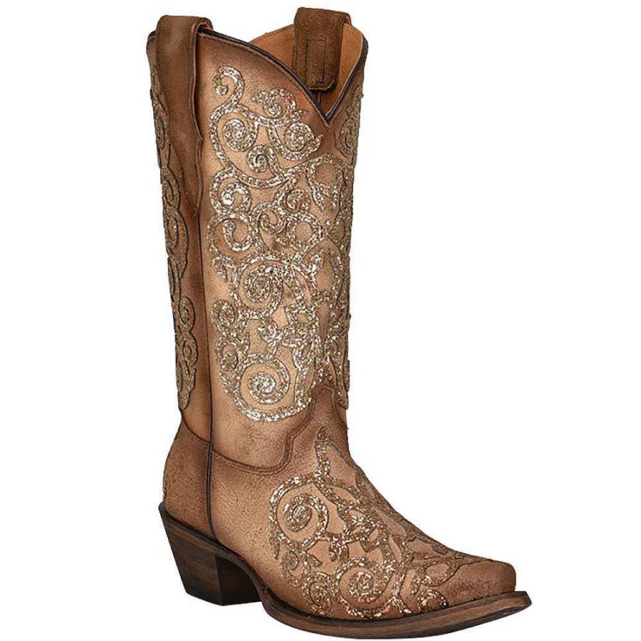 Boots * | Corral Kids Tan With Tan Glitter Inlay Snip Toe Cowgirl Boot