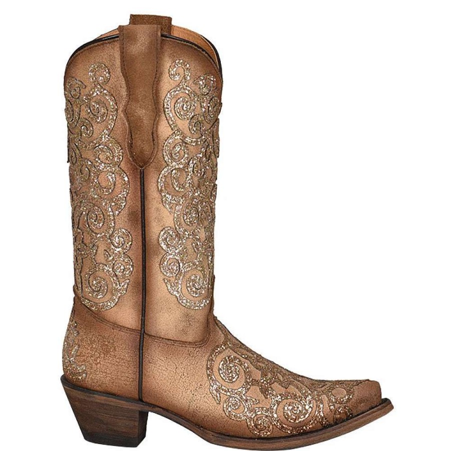 Boots * | Corral Kids Tan With Tan Glitter Inlay Snip Toe Cowgirl Boot