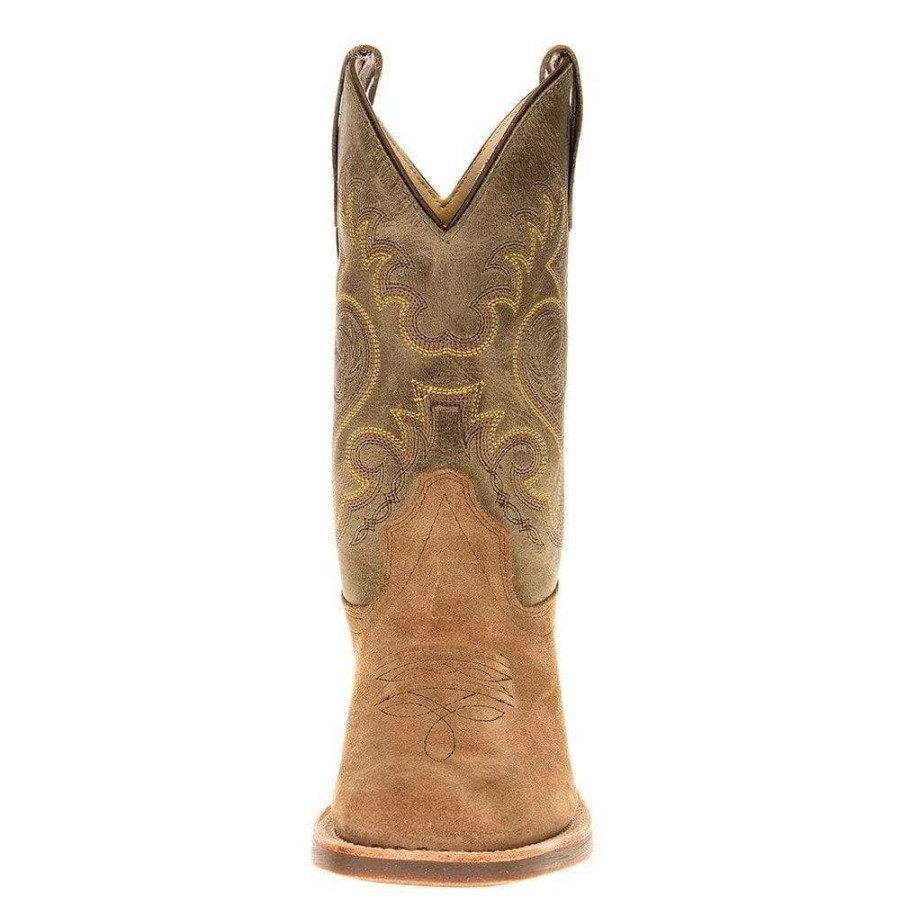 Boots * | Kids Old West Suede Tan Foot With Olive Green Shaft Square Toe Boots