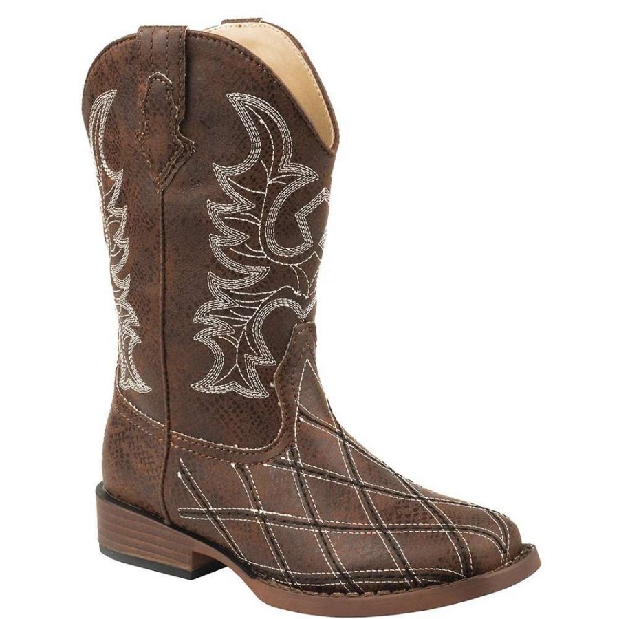 Boots * | Roper Footwear Kids Brown Cross Cut Brown Shaft Square Toe Cowboy Boot