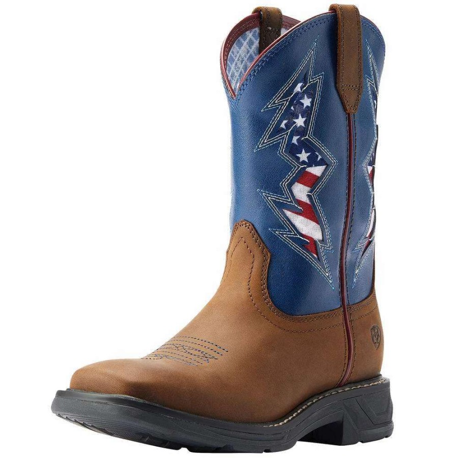 Boots * | Ariat Kids Workhog Xt Venttek Bolt Distressed Tan Ole Blue Boot